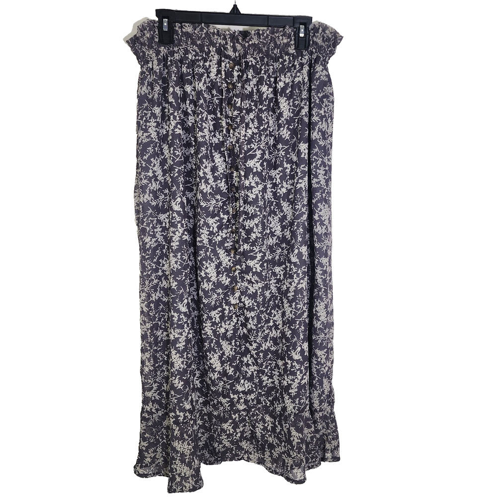 Mikarose Womens Button Front Maxi Skirt Size Large Pewter Branch Pull On Lined